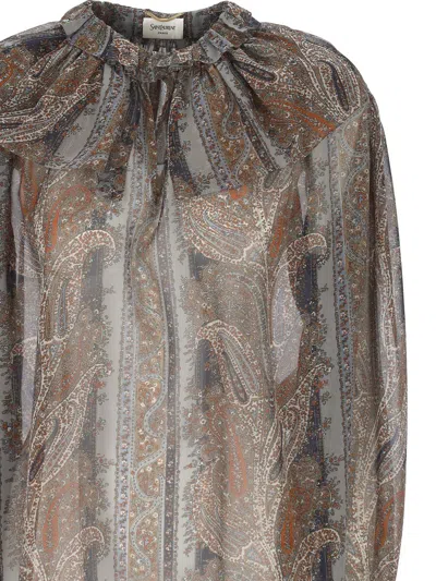 Saint Laurent Women Paisley Silk Georgette Blouse In Brown