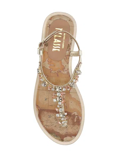 Alviero Martini Gold Jewel Flat Sandals In Beige