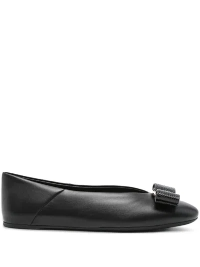 Ferragamo Leather Round Toe Ballerina Shoes With Bow Detail In Black