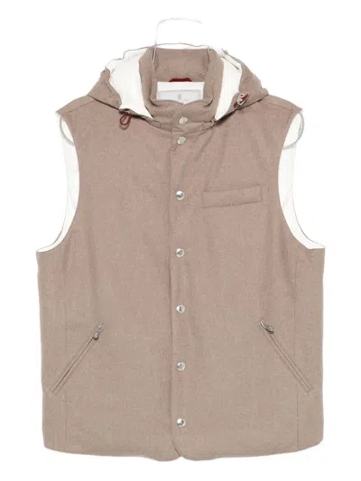 Brunello Cucinelli Sleeveless Down Jacket In Membraned Wool Flannel With Detachable Hood Clothing In Nude