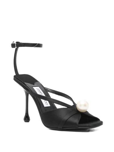 Jimmy Choo Satin Sandals With Pearl Embellishment And Strappy Design In Black