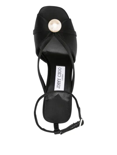 Jimmy Choo Satin Sandals With Pearl Embellishment And Strappy Design In Black