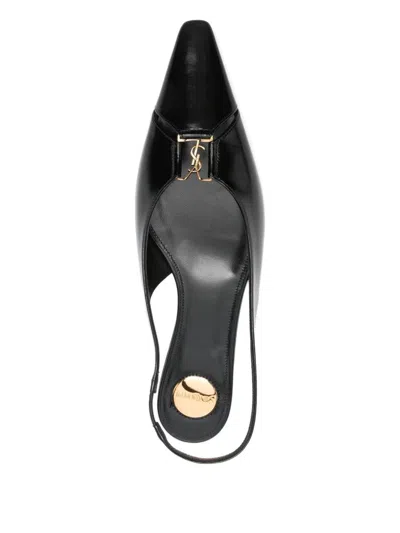 Saint Laurent Leather Slingback Ballet Flats With Pointed Toe In Black
