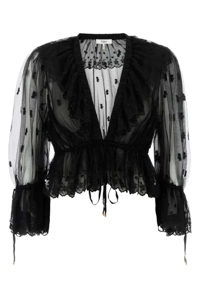 Chloé Women Embroidered Lace Ruffle Top In Black