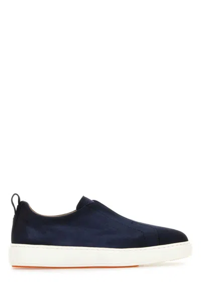 Santoni Navy Blue Suede Victory Slip Ons In Blue