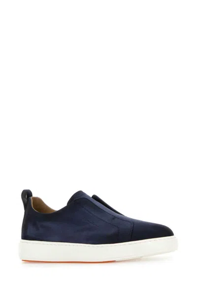 Santoni Navy Blue Suede Victory Slip Ons In Blue