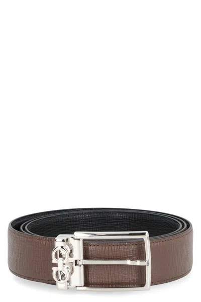 Ferragamo Leather Belt Reversible Design Silver Buckle In Brown