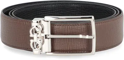 Ferragamo Leather Belt Reversible Design Silver Buckle In Brown