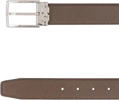 Ferragamo Leather Belt Reversible Design Silver Buckle In Brown