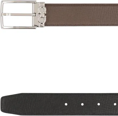 Ferragamo Leather Belt Reversible Design Silver Buckle In Brown