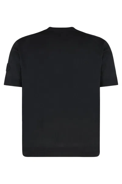 Moncler Crew Neck Silk T-shirt With Ribbed Cuffs In Blue