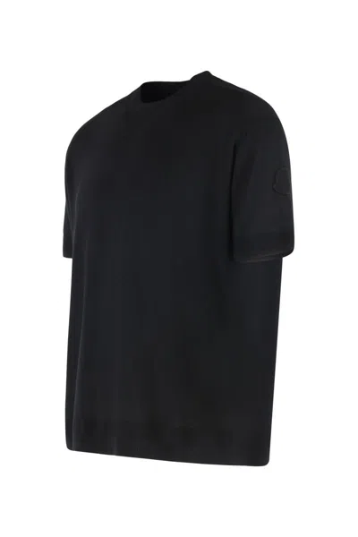 Moncler Crew Neck Silk T-shirt With Ribbed Cuffs In Blue