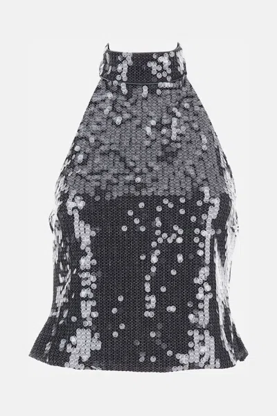 Rotate Birger Christensen Rotate Sleeveless Silver Top With All-over Paillettes In Gray