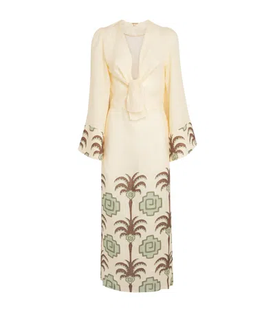 Johanna Ortiz Sailing Flags Tie-detailed Linen Midi Dress In Neutral