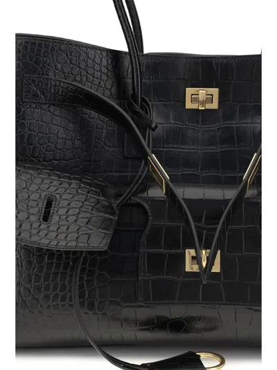 Balenciaga All Day Croco Leather Shoulder Bag In Black