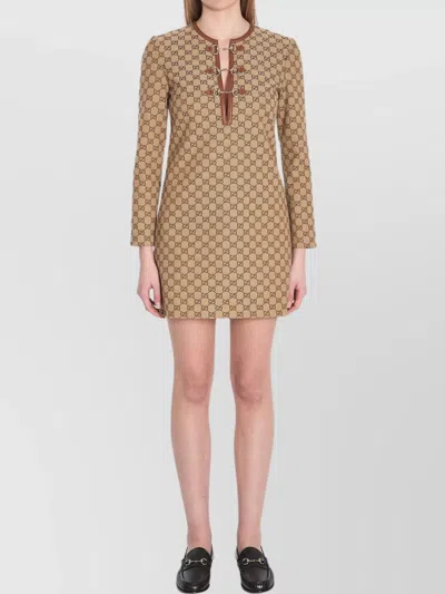 Gucci Cotton Blend Dress With All-over Gg Print In Brown