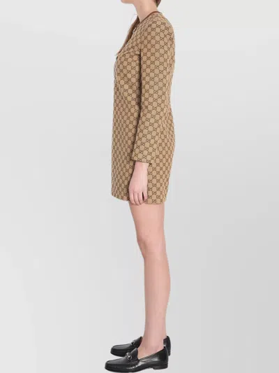 Gucci Cotton Blend Dress With All-over Gg Print In Brown