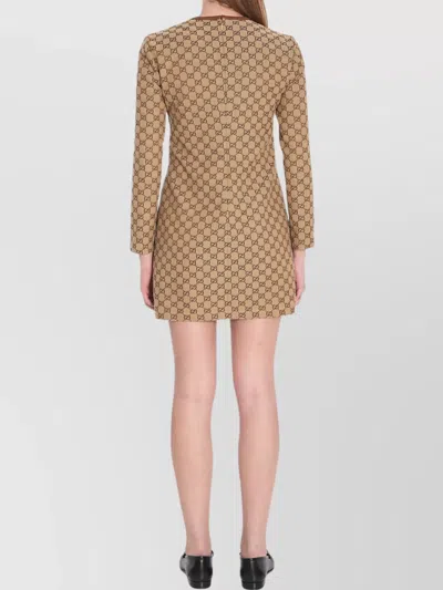 Gucci Cotton Blend Dress With All-over Gg Print In Brown