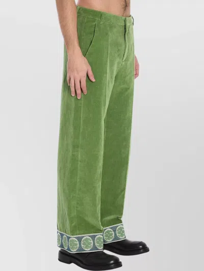 Valentino Washed Cotton-linen Velvet Trousers With Jacquard Hems In Green