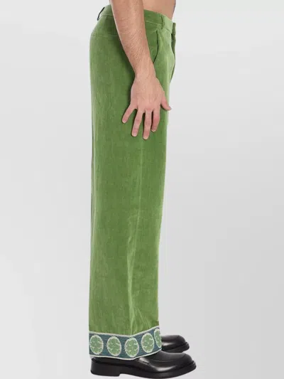 Valentino Washed Cotton-linen Velvet Trousers With Jacquard Hems In Green