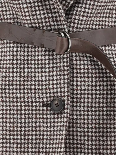 Brunello Cucinelli Giacca In Pied-de-poule Di Lana E Alpaca Con Cintura In Pelle E Monile In Gray