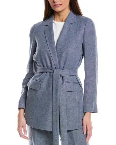 Lafayette 148 Belted Longline Linen & Wool-blend Blazer In Blue