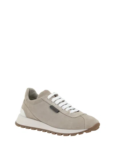 Brunello Cucinelli Suede Sneakers With Iconic Jewel Application In Gray