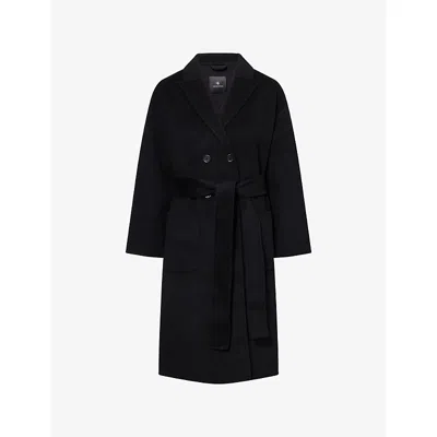 Anine Bing Double-breasted Long Coat With Notched Lapel In Black