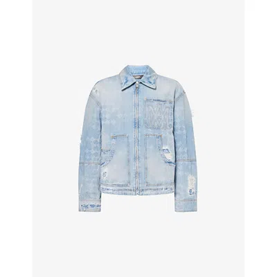 Amiri Mens Faded Indigo Embroidered-logo Distressed Denim Jacket In Blue