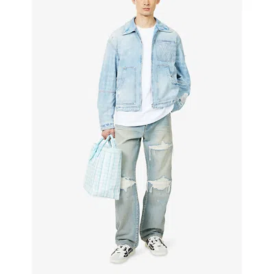 Amiri Mens Faded Indigo Embroidered-logo Distressed Denim Jacket In Blue