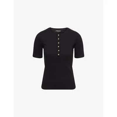 Anine Bing Ribbed Texture Short Sleeved T Shirt With Button Detailing In Black