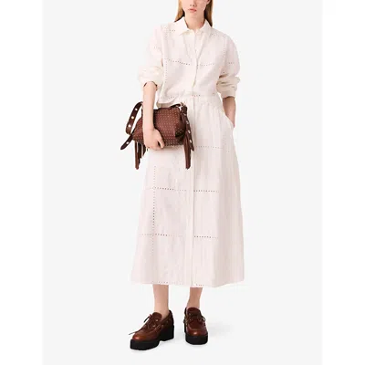 Maje Womens White Elasticated-waist Button-down Embroidered Linen-blend Midi Skirt In White