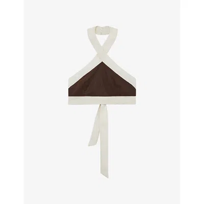 Reiss Womens Chocolate Cream Rebecca Halter-neck Colour-block Cropped Linen Top In Brown