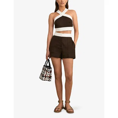 Reiss Womens Chocolate Cream Rebecca Halter-neck Colour-block Cropped Linen Top In Brown