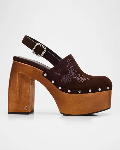Jimmy Choo Alida 135 Embroidered Studded Suede Platform Clogs In Brown