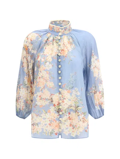 Zimmermann Cascadian Billowed Ramie Shirt In Blue