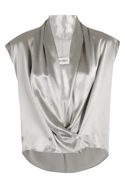 Alberta Ferretti Shiny Satin Blouse With Draped Revers In White