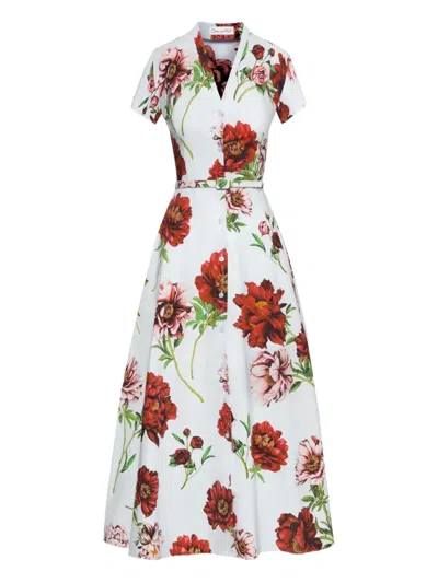Oscar De La Renta Peony Cotton Poplin Short Sleeve Dress In Multi