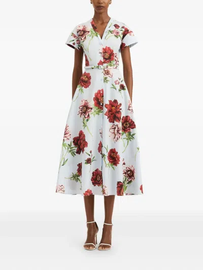 Oscar De La Renta Peony Cotton Poplin Short Sleeve Dress In Multi
