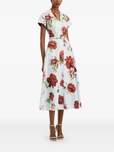 Oscar De La Renta Peony Cotton Poplin Short Sleeve Dress In Multi