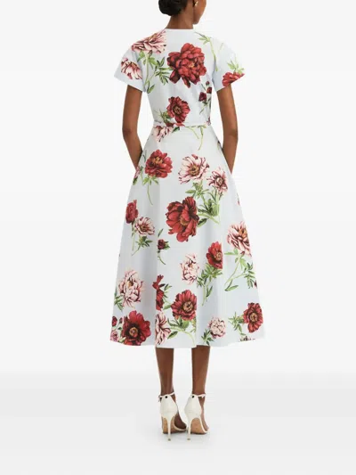 Oscar De La Renta Peony Cotton Poplin Short Sleeve Dress In Multi