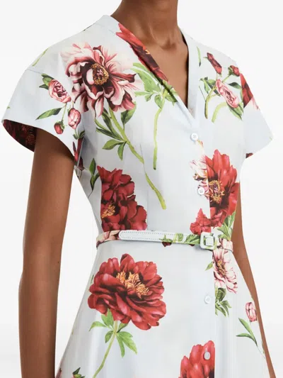 Oscar De La Renta Peony Cotton Poplin Short Sleeve Dress In Multi