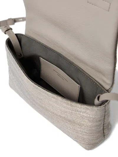 Brunello Cucinelli Rectangular Leather Shoulder Bag With Adjustable Strap In Gray