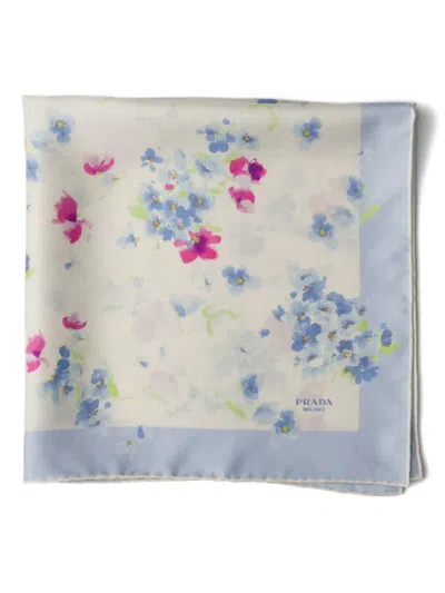 Prada Floral-print Twill Scarf In Blue
