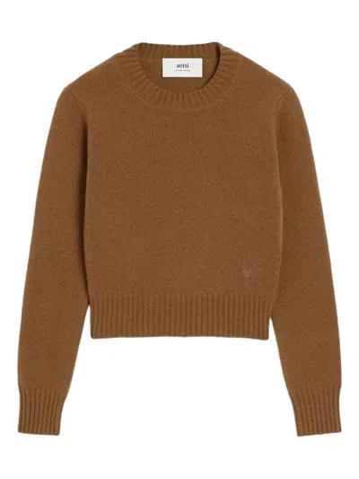 Ami Alexandre Mattiussi Cropped Brown Cashmere Blend Sweater With Heart Detail