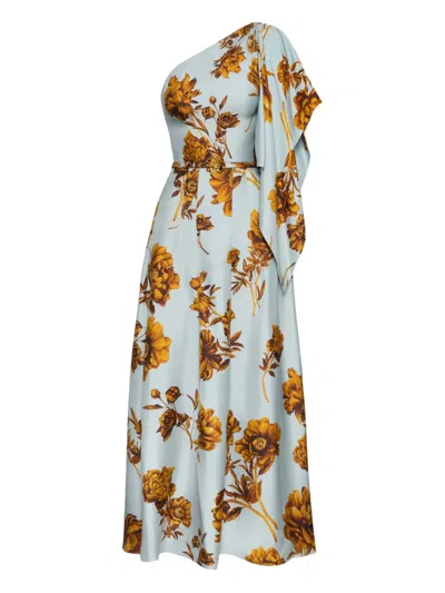 Oscar De La Renta One-shoulder Belted Draped Floral-print Silk-twill Midi Dress In Blue