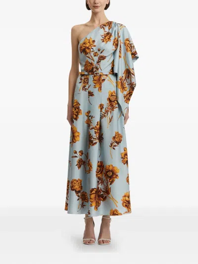 Oscar De La Renta One-shoulder Belted Draped Floral-print Silk-twill Midi Dress In Blue