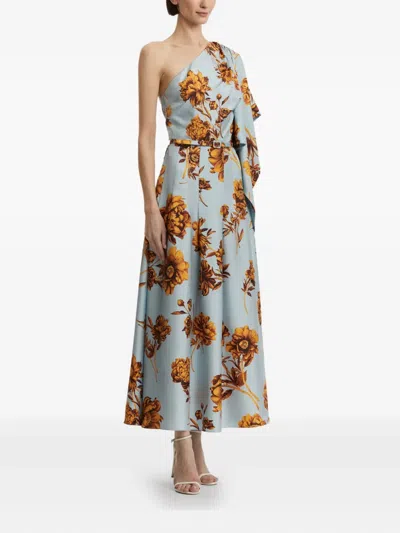 Oscar De La Renta One-shoulder Belted Draped Floral-print Silk-twill Midi Dress In Blue
