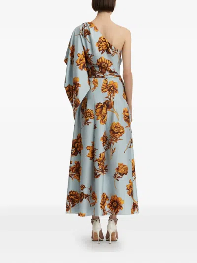 Oscar De La Renta One-shoulder Belted Draped Floral-print Silk-twill Midi Dress In Blue