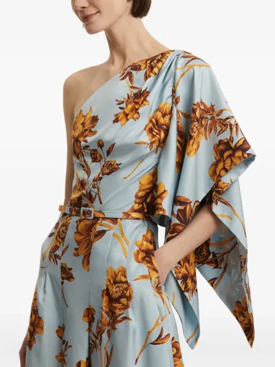Oscar De La Renta One-shoulder Belted Draped Floral-print Silk-twill Midi Dress In Blue